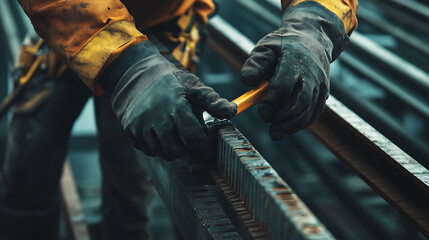 Worker Using Pencil to Mark Measurements on Metal Beam