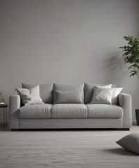 Modern minimalist living room, plush grey sofa with throw pillows ,  comfortable,  decor,  plant