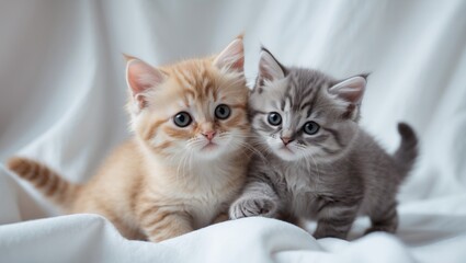 Sweet duo of gray shorthair kittens, young and isolated on white, playing together.