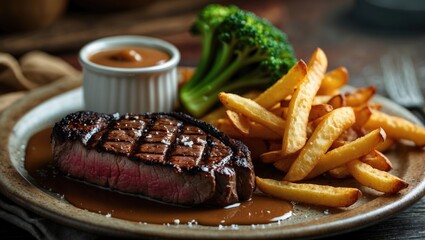 Delicious T-bone steak meal featuring chips, vegetables, and gravy in a pub setting