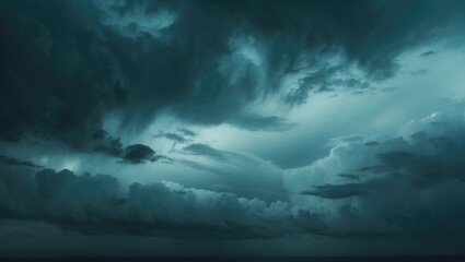 Obraz premium Spooky stormy sky featuring dark teal clouds and lightning. Ominous evening scene.