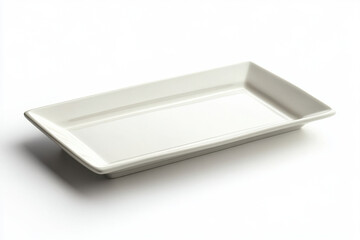 White rectangular plate with a white rim, holding a colorful array of fresh fruit slices arranged in a geometric pattern on a wooden table.