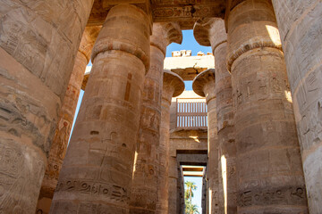 Karnak Temple in Luxor, Egypt. Hieroglyphs and Art on pillars and walls. Temples, pylons, chapels, and other buildings in Karnak Temple Complex 
