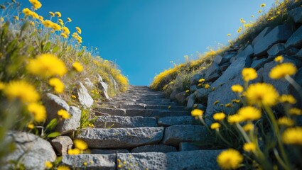 Scenic hiking trail with steep stone steps surrounded by wildflowers under a bright blue sky