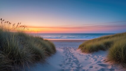 Beautiful sunset at the beach with colorful sky, sand, and ocean view