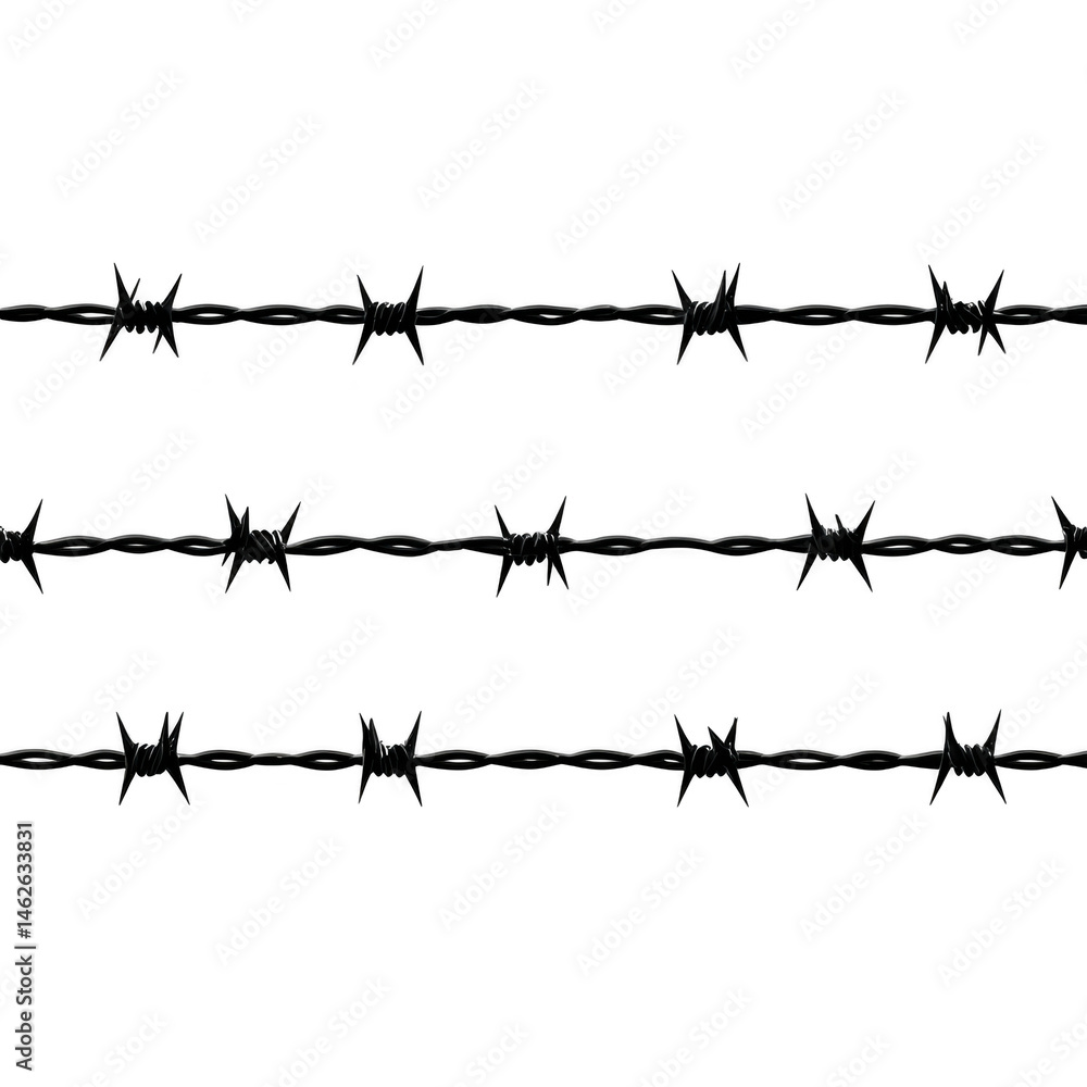 Poster barbed wire illustration with three horizontal strands, featuring sharp barbs evenly spaced along ea