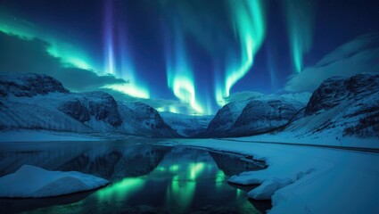 Naklejka premium Winter landscape with polar lights shining over snow-covered mountains, frozen sea, and starry sky, including a road and fjord