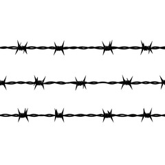 Barbed wire illustration with three horizontal strands, featuring sharp barbs evenly spaced along each line, set against plain background. image conveys sense of security and restriction