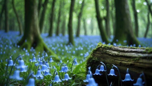 Scenic woodland landscape in England during spring with blooming bluebells and wildflowers