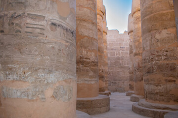 Karnak Temple in Luxor, Egypt. Hieroglyphs and Art on pillars and walls. Temples, pylons, chapels, and other buildings in Karnak Temple Complex 