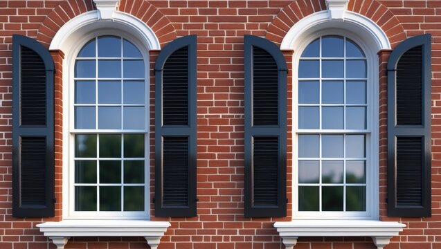 Contemporary home showcasing large double pane hung arched sash windows with decorative crown and exterior brick details