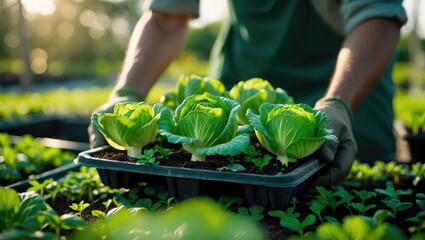 Hands of a male farmer displaying fresh cabbage seedlings in a nursery tray in an outdoor garden