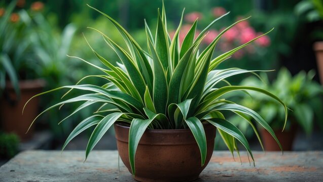 Dracaena trifasciata close-up highlighting geometric leaves, also called snake plant, in a pot