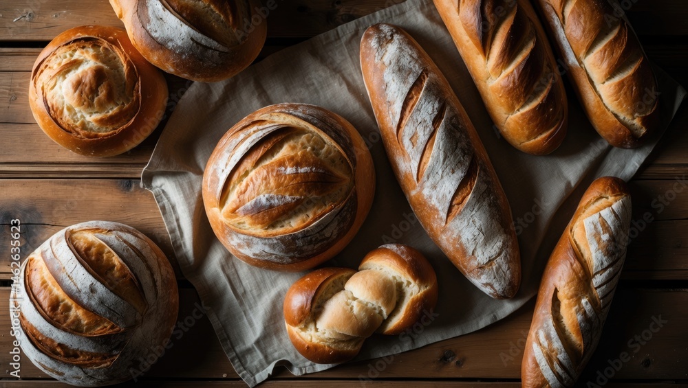 Poster rustic bakery scene with assorted baked goods like crusty loaves and buns on a wooden table, overhea
