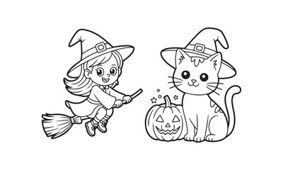 Adorable Halloween Witch and Cat Coloring Page for Kids