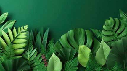 Lush green tropical leaves beautifully arranged on a dark green background, creating a vibrant nature inspired backdrop ideal for graphic designs and illustrations.