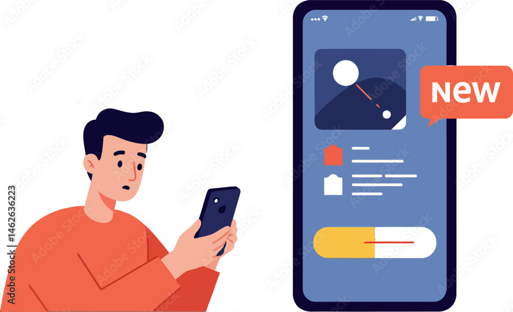 Aufkleber young man using smartphone with new app notification on screen in digital communication vector illus
