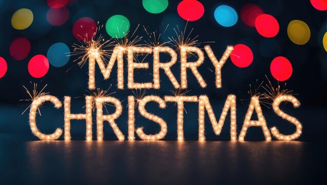 Figures forming Merry Christmas on a festive bokeh backdrop