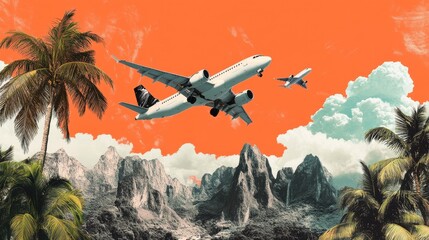 A vibrant collage showcasing tropical scenery with mountains, palm trees, clouds, and an airplane against an orange background.