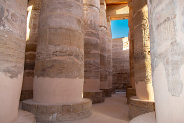 Karnak Temple in Luxor, Egypt. Hieroglyphs and Art on pillars and walls. Temples, pylons, chapels, and other buildings in Karnak Temple Complex 