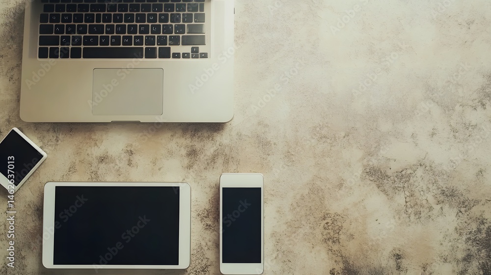Aufkleber flat lay of modern digital devices on a textured surface.