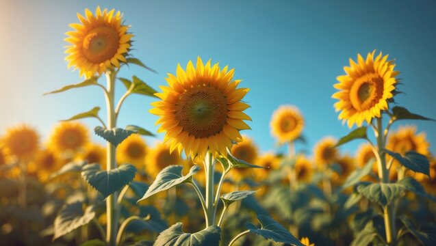 Bright yellow sunflowers flourishing in a large field under a blue sky