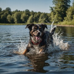 Dog Splashing in a Lake on a Summer Day