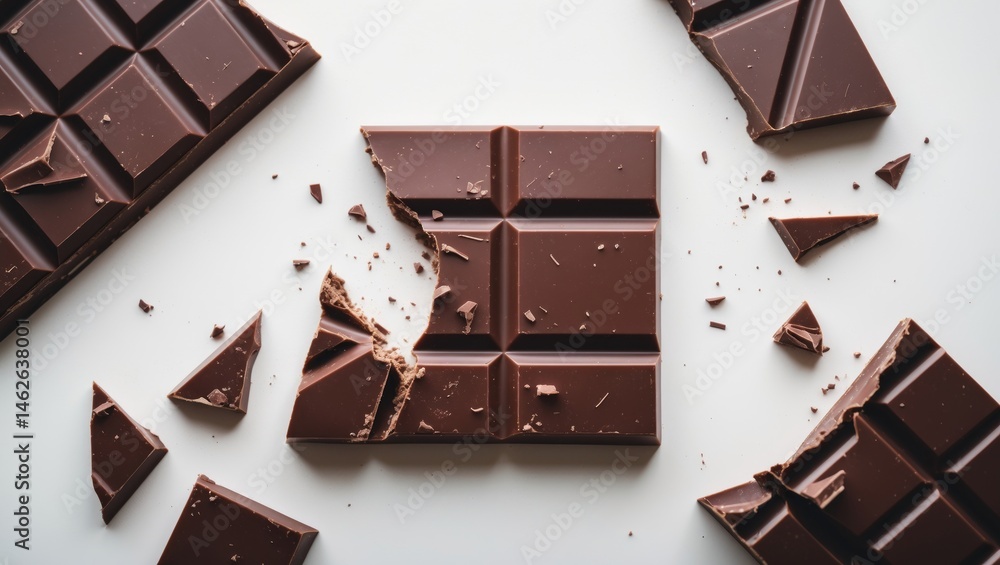 Poster horizontal shot of a white chocolate tablet broken into chunks on a plain background