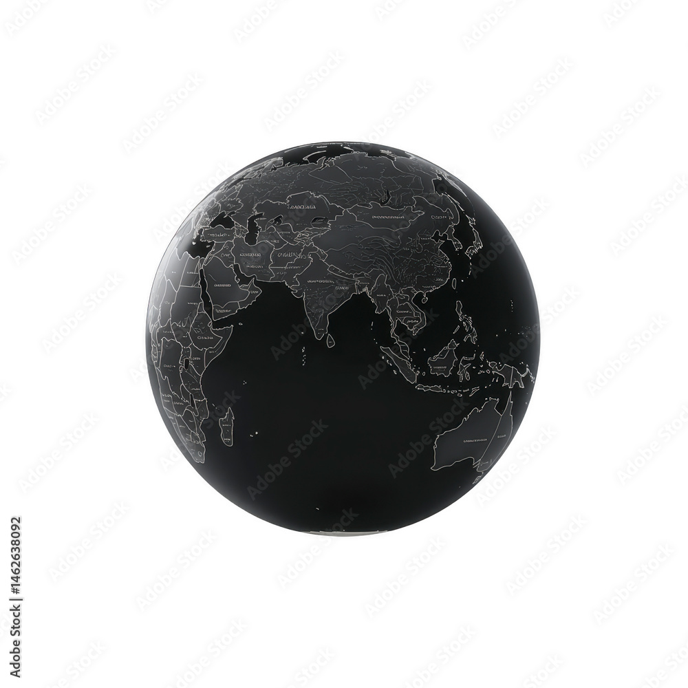 Poster transparent globe displaying detailed map of asia, highlighting countries and borders in minimalist 
