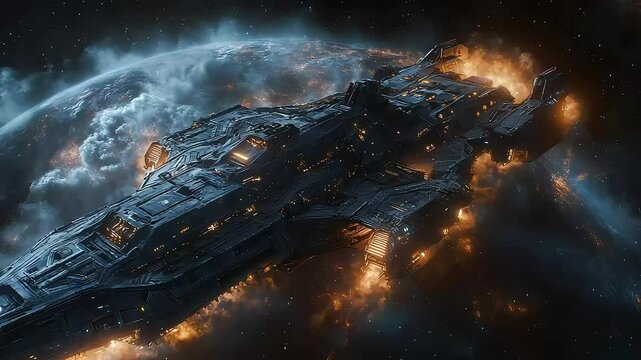 Large spaceship orbiting planet with engines burning