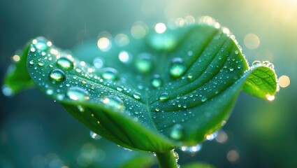 Nature's beauty captured in macro of dew on fresh foliage during morning sunshine