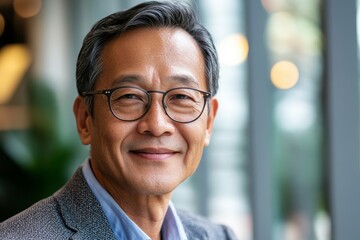 Obraz premium Close up photo portrait of successful and happy Asian businessman, mature boss with glasses working inside modern office building senior investor smiling and looking at camera