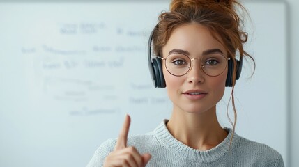 Naklejka premium Smart young woman explaining concept on whiteboard perfect for educational visuals, business presentations, or online course marketing