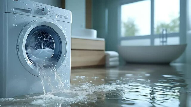 Washing machine flooding bathroom with water damage and leak
