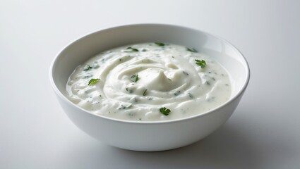 Isolated round dish containing garlic or cucumber dip sauce against background