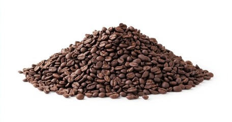 A large pile of roasted coffee beans, densely packed and centered on a white background.  Dark brown beans vary slightly in size and shape