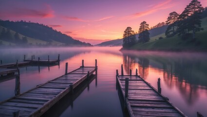 Fototapeta premium Sunrise over dam featuring boat jetty in the foreground