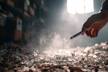 A close-up shows a hand holding a vape pen, vapor rising among debris in the sun.