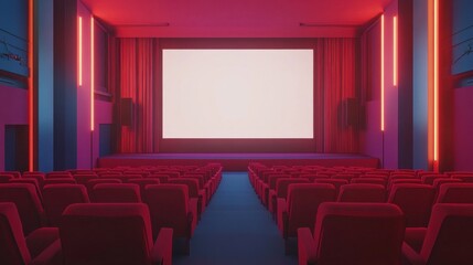 Large cinema auditorium presents blank screen. Empty theater features red seats for audience. Projection venue entertainment industry, film presentation, movie showtime, modern design. Public place