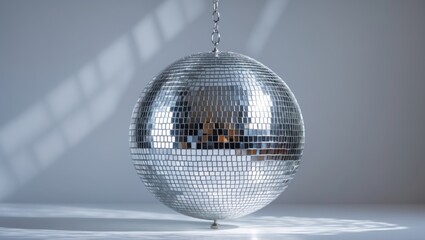 Fototapeta premium Shiny silver disco ball set against a white backdrop