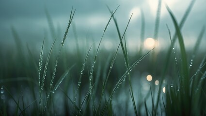 Macro Shot of Dewy Grass Blades in a Field Displaying Fresh Dew Drops