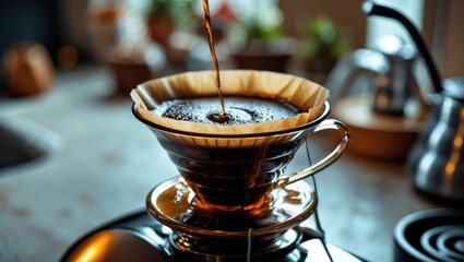 Detailed view of V-60 style espresso with fresh pour-over coffee and foam in filter bag banner