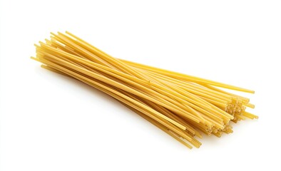 A bunch of long, thin, light yellow pasta strands arranged in a slightly overlapping bundle, presented against a plain white background