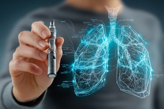 A hand holding an e-cigarette next to a glowing illustration of lungs.