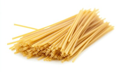 A pile of uncooked spaghetti, light golden yellow color, and slightly hollow tubes, rests on a white background