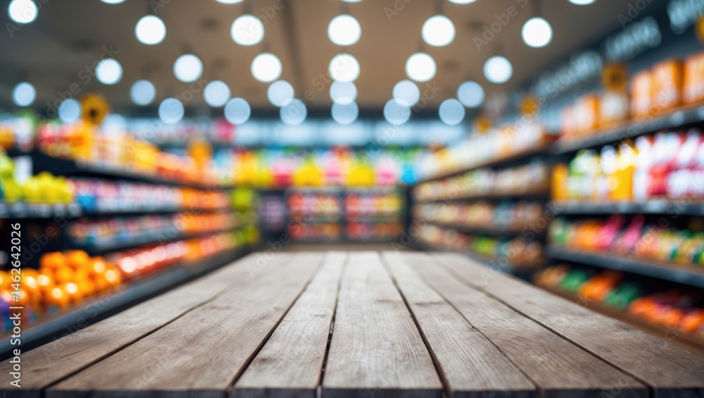 Poster display table in a grocery store with a blurred store aisle and bokeh lights, featuring a wooden sur