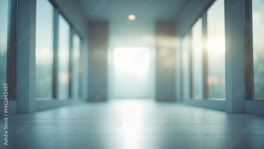 Poster lightly blurred backdrop featuring a hall with panoramic windows and a perspective view.