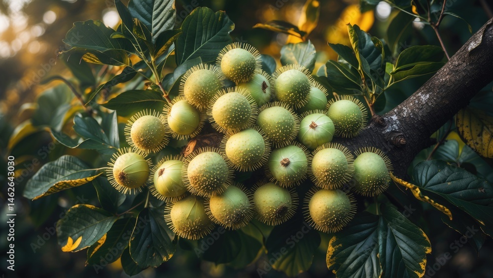 Poster fresh green chestnuts with spiny shells clustered on tree branches in natural garden setting