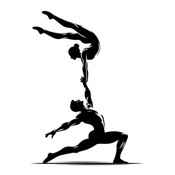 Silhouette of gymnasts performing acrobatic lift against white background