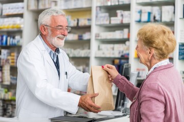 A friendly pharmacist handing a prescription bag to a smiling senior customer in a pharmacy.